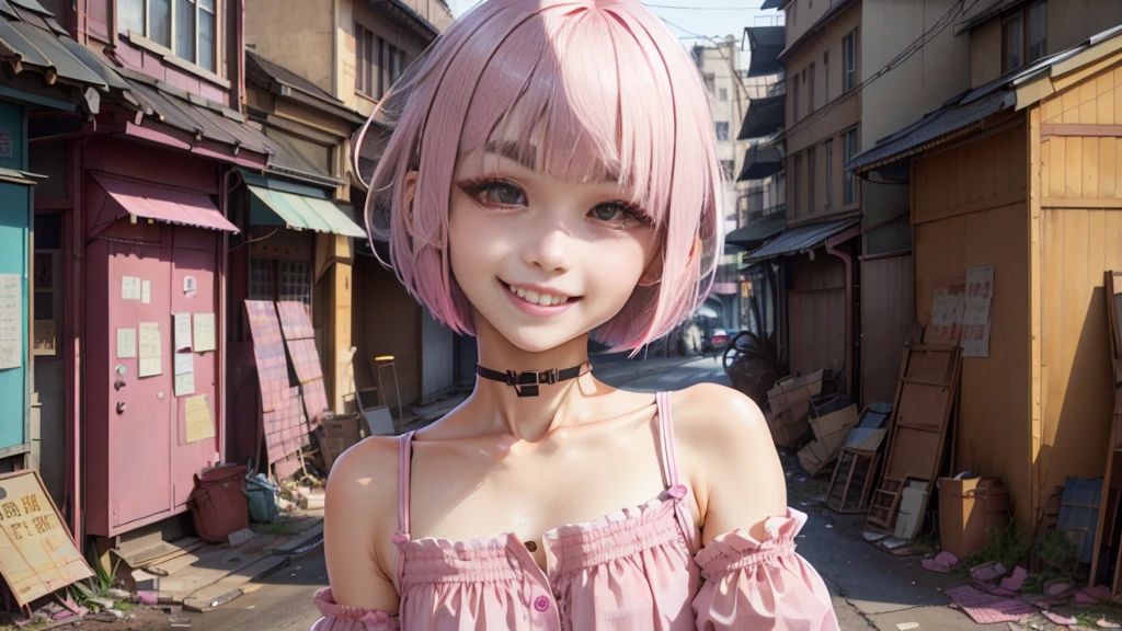 smile、 Волшебный панк AI Street , cluttered environment、yellow eyes、 ((thin pink eyebrows))、Pink short bob、Bangs at the top of the eyebrows、short bangs、