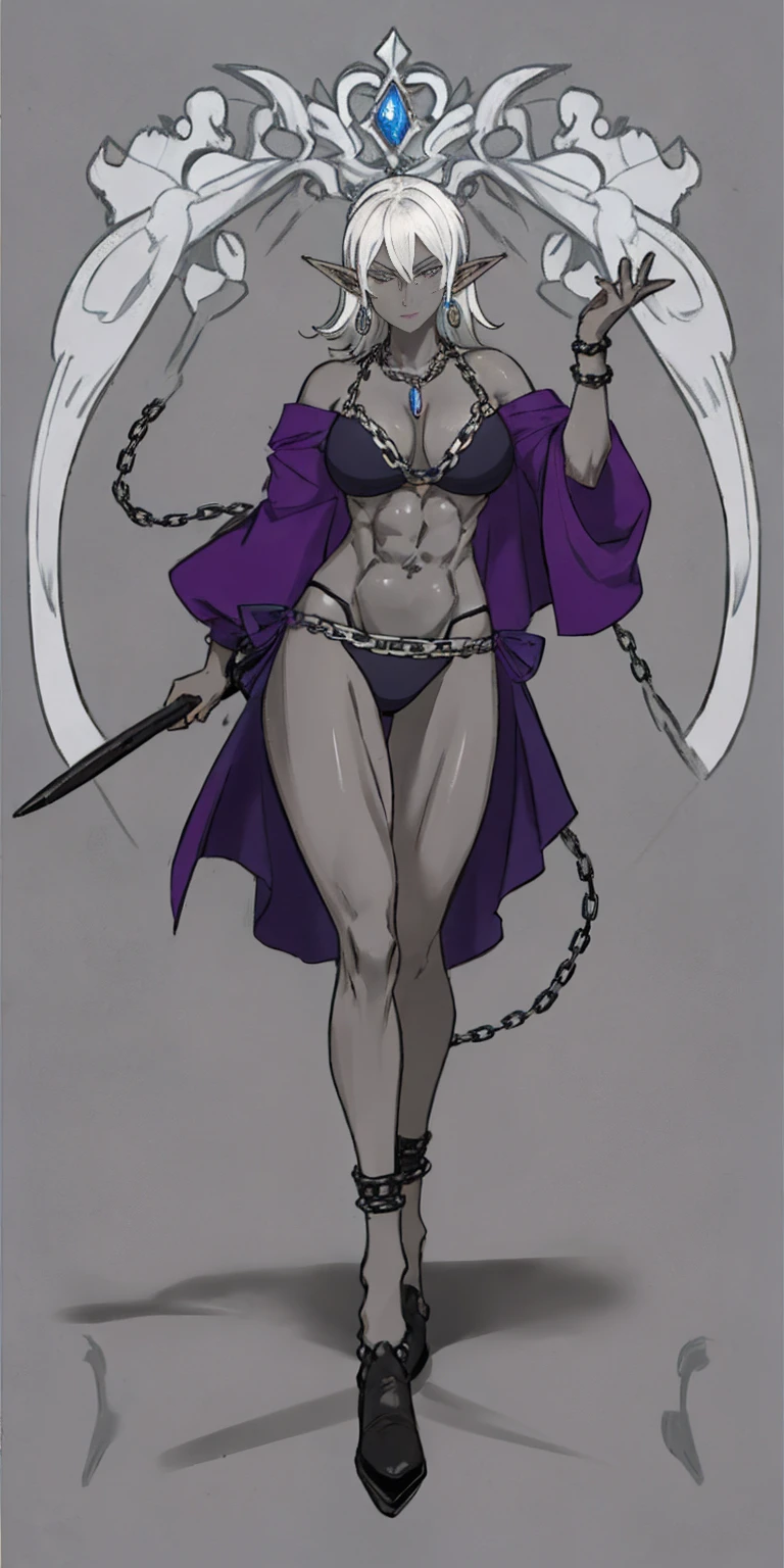 Appearance
Gender: Female
Age: Mature
Race: Drow (elf with dark skin and white hair)
Height: Full-body
Skin: Gray
Skin: Gray
Background: Plain Gray
Eyes: Purple
Attire: Bikini, revealing abdominal muscles
Accessories: Large earrings, ragged rags, chain necklace