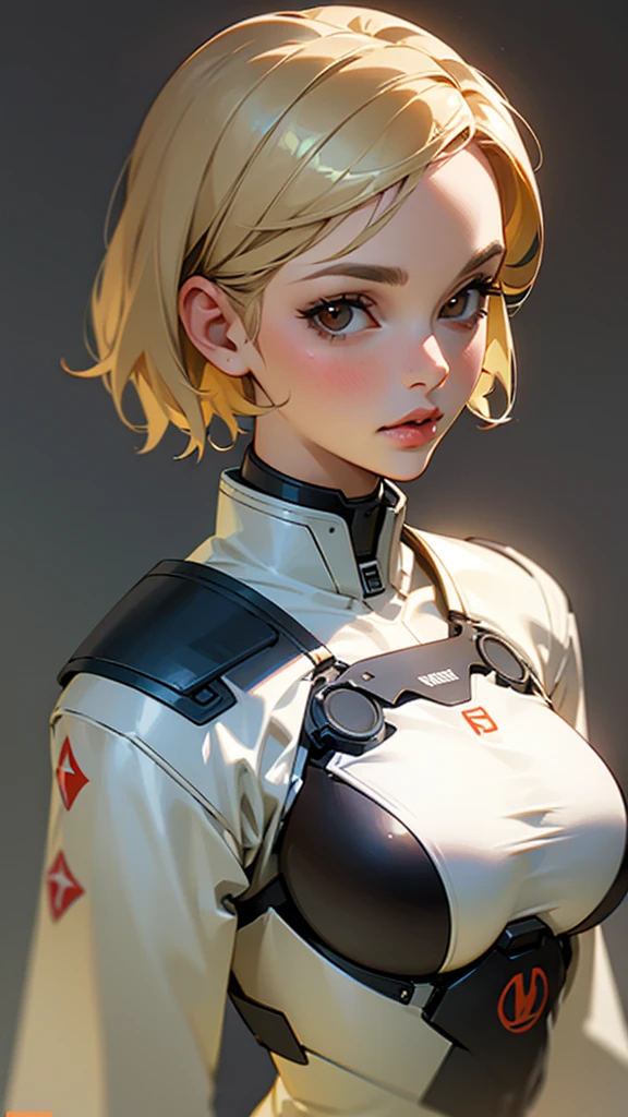 One girl, alone, View your viewers, Blonde short hair, Brown eyes, Upper Body, Gray background, Big Tits,lips, Realistic, A konigsreuter