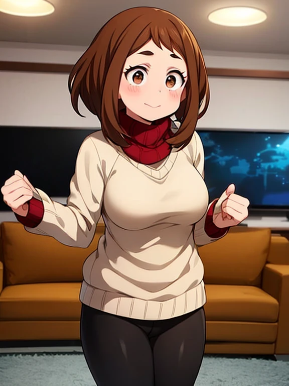  1girl, solo, Imagine Ochaco Uraraka being a 45 year old mother, MILF, brown hair, brown eyes, blush stickers, short hair, Mature Face, brown hair, brown eyes, blush stickers, short hair, medium breasts, curvy female, thick thighs, voluptuous female,((Wearing: red turtle-neck sweater, black leggings and ugg boots)), indoors, detailed background, living room, wide shot, (Standing:1.2)