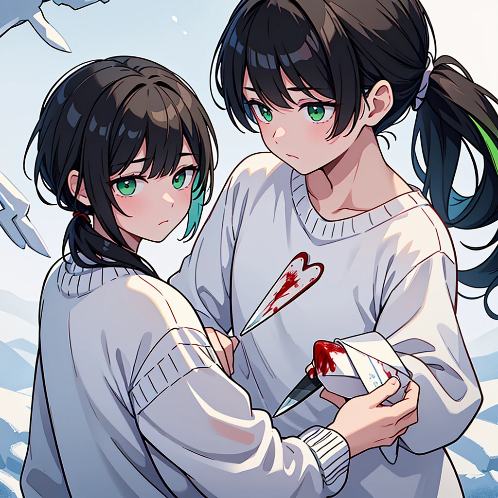 A boy... black hair... with bangs and a short ponytail... pastel green eyes... sleepy and serene look... snow white skin... unreal beauty... With a card with a heart in his right hand... And on the left with a knife with blood... The boy is dressed in a white sweater with blood stains... Male gender...