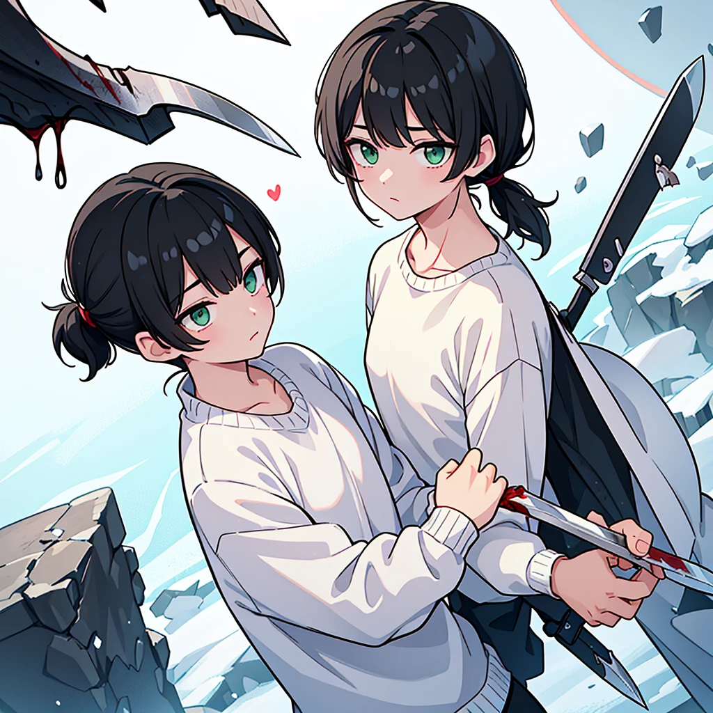 A boy... black hair... with bangs and a short ponytail... pastel green eyes... sleepy and serene look... snow white skin... unreal beauty... With a card with a heart in his right hand... And on the left with a knife with blood... The boy is dressed in a white sweater with blood stains... Male gender...