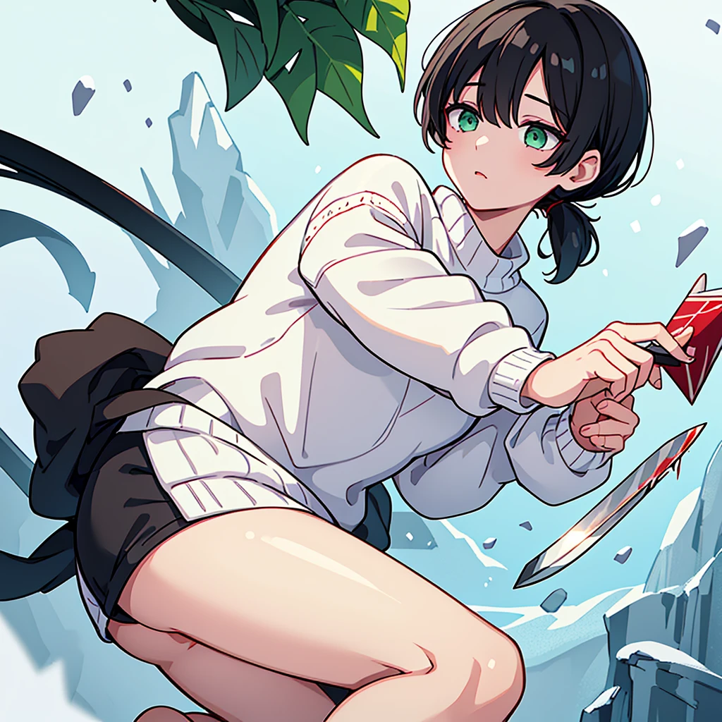 A boy... black hair... with bangs and a short ponytail... pastel green eyes... sleepy and serene look... snow white skin... unreal beauty... With a card with a heart in his right hand... And on the left with a knife with blood... The boy is dressed in a white sweater with blood stains... Male gender...