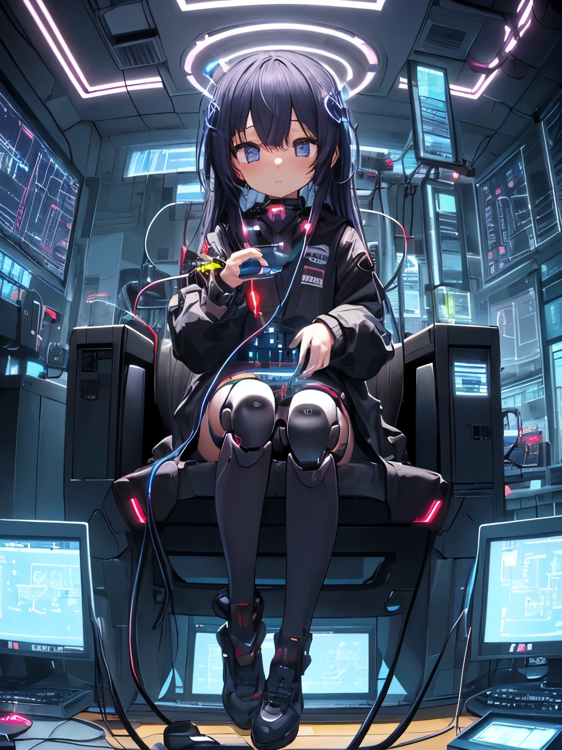 Absurd, High resolution, (Anime Style:1.1), ((Tabletop)), ((Highest quality)), (Very detailed), (beautiful), Ultra-high resolution CPU circuit diagram、Super Fine、(Cute girl sitting on the CPU:1.4)、11-year-old girl、Long Hair、Colorful Girl、(cyber punk:1.4)、(Finely lit LED:1.3)、(This girl is、It is a robot with communication cables extending from various parts of its body, connecting it to machines.。.:1.3)