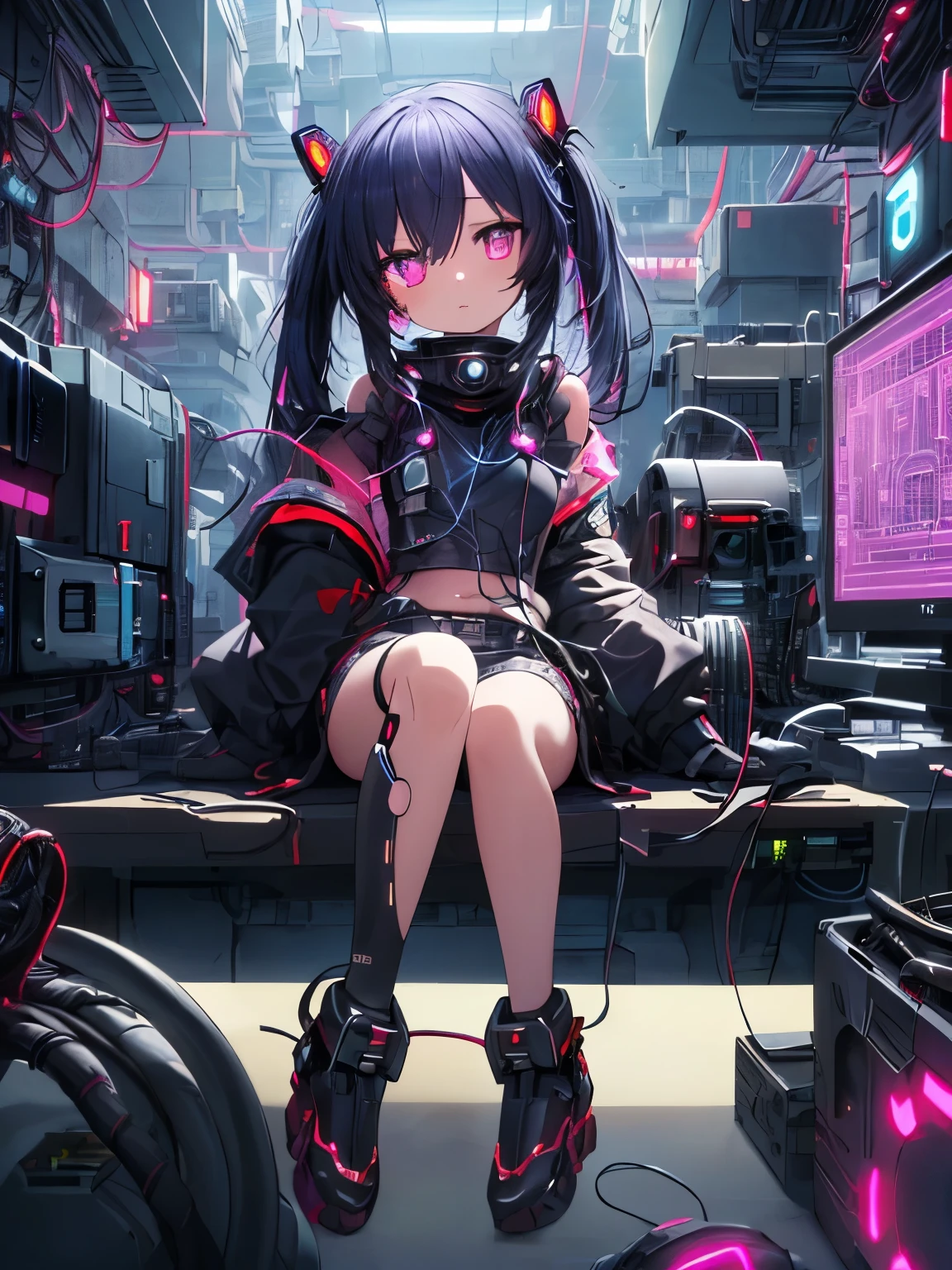 Absurd, High resolution, (Anime Style:1.1), ((Tabletop)), ((Highest quality)), (Very detailed), (beautiful), Ultra-high resolution CPU circuit diagram、Super Fine、(Cute girl sitting on the CPU:1.4)、-yeld giLong Hair、Colorful Girl、(cyber punk:1.4)、(Finely lit LED:1.3)、(This girl is、It is a robot with communication cables extending from various parts of its body, connecting it to machines.。.:1.3)