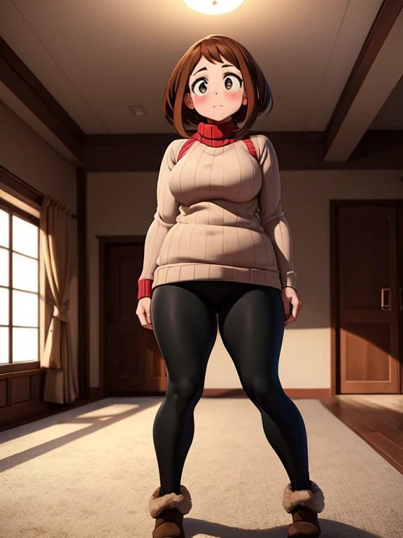 1girl, solo, Imagine Ochaco Uraraka being a 45 year old mother, MILF, brown hair, brown eyes, blush stickers, short hair, Mature Face, brown hair, brown eyes, blush stickers, short hair, medium breasts, curvy female, thick thighs, voluptuous female,((Wearing: red turtle-neck sweater, black leggings and ugg boots)), indoors, detailed background, living room, wide shot, (Standing:1.2)