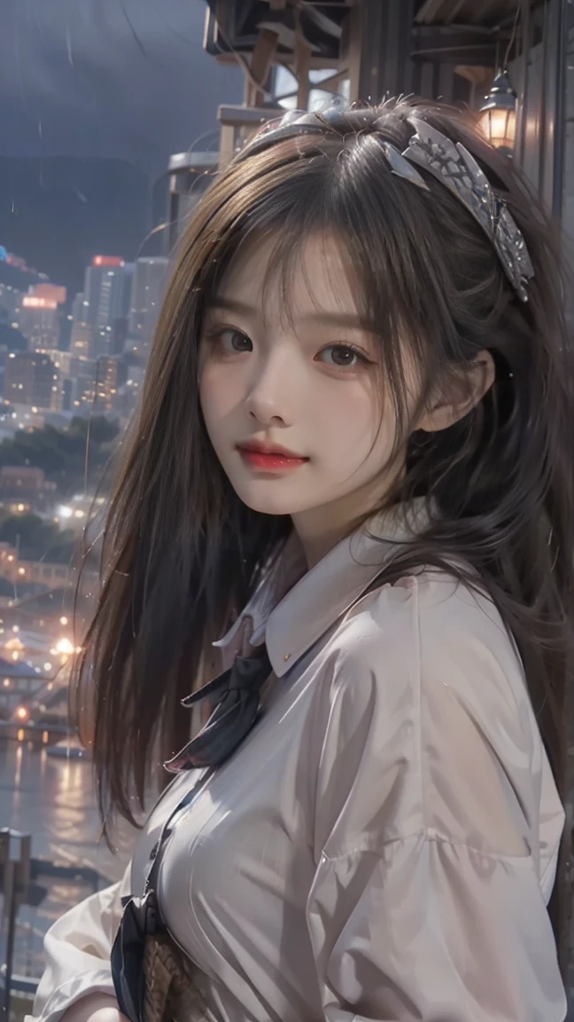 Masterpiece, best quality, extra detail, cute, dramatic, rainy, night, ruins city, a girl, long silver straight hair, far angle, cute smile