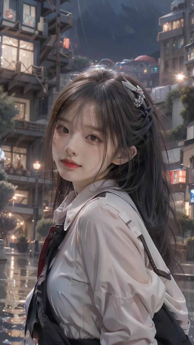 Masterpiece, best quality, extra detail, cute, dramatic, rainy, night, ruins city, a girl, long silver straight hair, far angle, cute smile