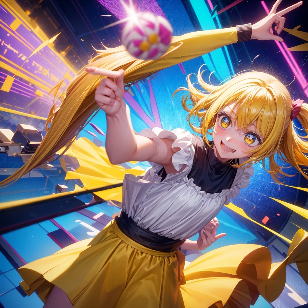 Create an anime-style image of a clumsy and naturally awkward girl with bright yellow hair. She should be wearing a cute, casual yellow outfit, such as a dress or a top with a skirt. Depict her in a moment where she is tripping or stumbling, showing a panicked and embarrassed expression, but also shyly smiling with her teeth showing in an awkward, bashful grin. Her hair is styled in a playful, slightly messy fashion. The background should be lively and fun, with bright colors and dynamic elements that emphasize her clumsiness. Add small, amusing details around her, like scattered items she has knocked over, to enhance the playful and whimsical atmosphere. Ensure that she is the only character in the image, making her the clear focus of the scene. Make sure the overall image is vibrant and engaging, suitable for use as a thumbnail.
