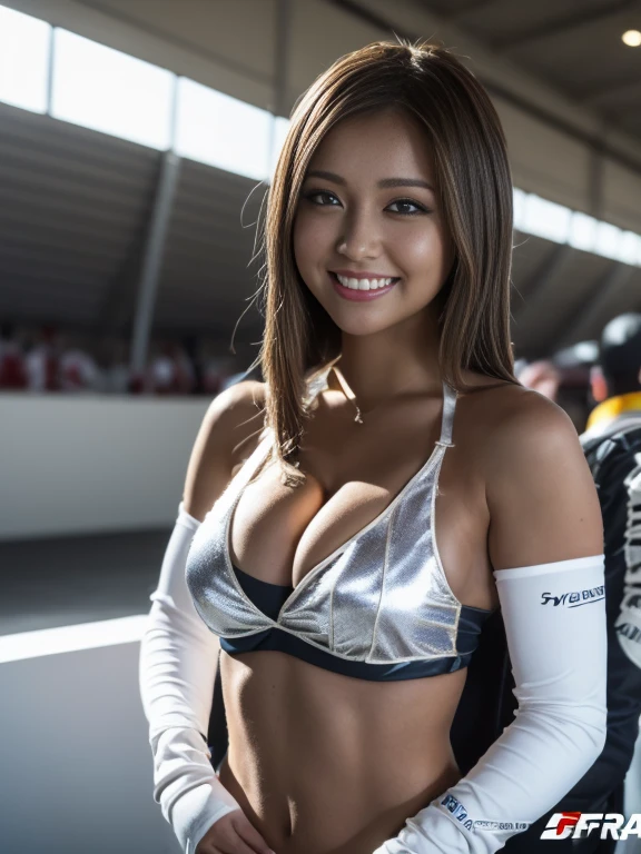 (((One Shoulder Grid Girl Costume))),(((Showing cleavage))),(((Expose your inner thighs))),(((Formula One car unveiled))),Urzan-6500-v1.1, (RAW Photos:1.2), (Photo realistic:1.4), Beautiful detailed girl, Very detailed目と顔, Beautiful attention to detail, Very detailedな, High resolution, Highest quality, masterpiece, Very detailed, 8k wallpaper, wonderful, In detail, Highest quality, Light on the face,Light,One Girl,(Auto Racing Track),Beautiful Eyes,smile,Open your mouth