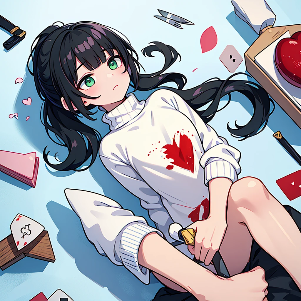 A boy... black hair... with bangs and a short ponytail... pastel green eyes... sleepy and serene look... snow white skin... unreal beauty... With a card with a heart in his right hand... And on the left with a knife with blood... The boy is dressed in a white sweater with blood stains... Male gender...