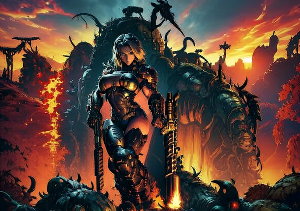 Warrior woman, 1girl, sexy, big breast, shooting monsters in hell, doom armor, no helmet, long hair, hell background, demons, sexy girl, showing armpits, fighting in hell with demons, full body. Wallpaper, big weapons, a lot of monsters attacking, inferno background, lava, creatures flying. Sexy angry woman (((shooting monsters))doom slayer environment.