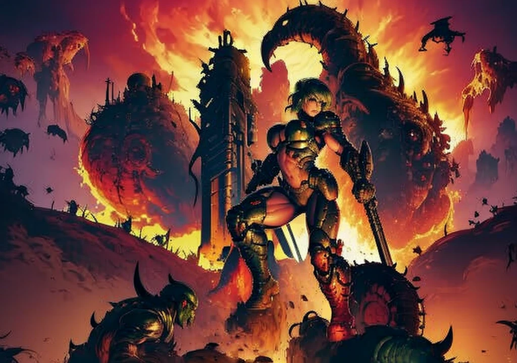 Warrior woman, 1girl, sexy, big breast, shooting monsters in hell, doom armor, no helmet, long hair, hell background, demons, sexy girl, showing armpits, fighting in hell with demons, full body. Wallpaper, big weapons, a lot of monsters attacking, inferno background, lava, creatures flying. Sexy angry woman (((shooting monsters))doom slayer environment.