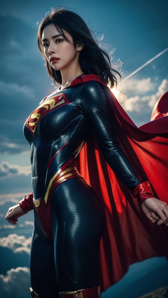 Woman wearing detailed SuperMan costume with full sleeves covering the entire body, short black hair, serious face, (flying in sky), vivid colors, dramatic lighting, red cape, cinematic costume, carbon fiber detailed suit,