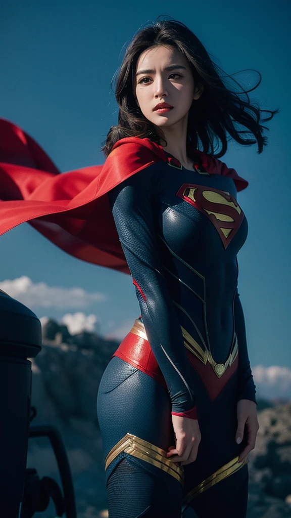 Woman wearing detailed SuperMan costume with full sleeves covering the entire body, short black hair, serious face, (flying in sky), vivid colors, dramatic lighting, red cape, cinematic costume, carbon fiber detailed suit,