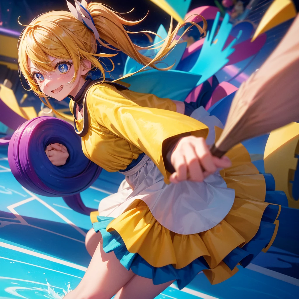 Create an anime-style image of a clumsy and naturally awkward girl with bright yellow hair. She should be wearing a cute, casual yellow outfit, such as a dress or a top with a skirt. Depict her in a moment where she is tripping or stumbling, showing a panicked and embarrassed expression, but also shyly smiling with her teeth showing in an awkward, bashful grin. Her hair is styled in a playful, slightly messy fashion. The background should be lively and fun, with bright colors and dynamic elements that emphasize her clumsiness. Add small, amusing details around her, like scattered items she has knocked over, to enhance the playful and whimsical atmosphere. Ensure that she is the only character in the image, making her the clear focus of the scene. Make sure the overall image is vibrant and engaging, suitable for use as a thumbnail.