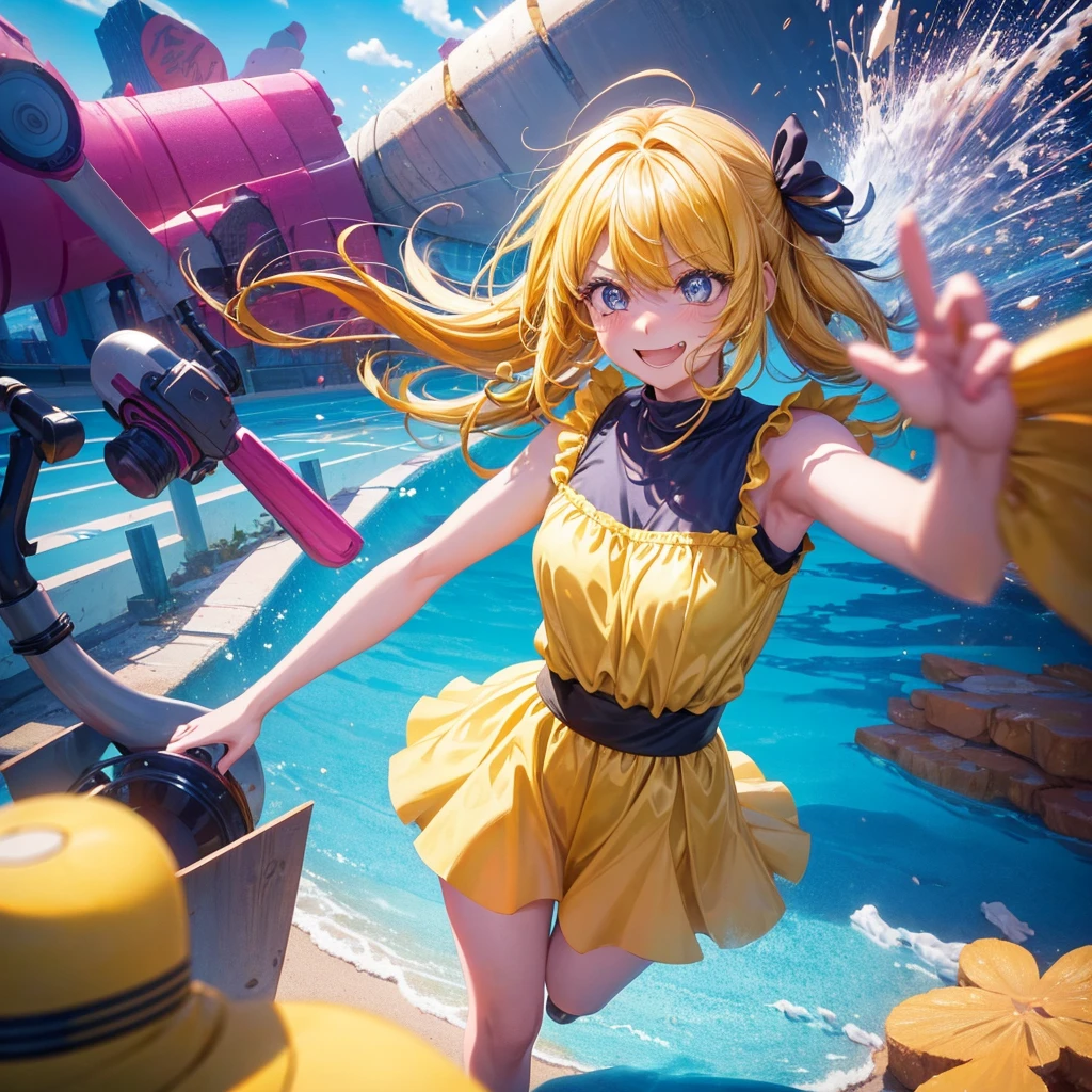 Create an anime-style image of a clumsy and naturally awkward girl with bright yellow hair. She should be wearing a cute, casual yellow outfit, such as a dress or a top with a skirt. Depict her in a moment where she is tripping or stumbling, showing a panicked and embarrassed expression, but also shyly smiling with her teeth showing in an awkward, bashful grin. Her hair is styled in a playful, slightly messy fashion. The background should be lively and fun, with bright colors and dynamic elements that emphasize her clumsiness. Add small, amusing details around her, like scattered items she has knocked over, to enhance the playful and whimsical atmosphere. Ensure that she is the only character in the image, making her the clear focus of the scene. Make sure the overall image is vibrant and engaging, suitable for use as a thumbnail.