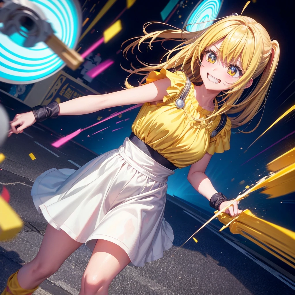 Create an anime-style image of a clumsy and naturally awkward girl with bright yellow hair. She should be wearing a cute, casual yellow outfit, such as a dress or a top with a skirt. Depict her in a moment where she is tripping or stumbling, showing a panicked and embarrassed expression, but also shyly smiling with her teeth showing in an awkward, bashful grin. Her hair is styled in a playful, slightly messy fashion. The background should be lively and fun, with bright colors and dynamic elements that emphasize her clumsiness. Add small, amusing details around her, like scattered items she has knocked over, to enhance the playful and whimsical atmosphere. Ensure that she is the only character in the image, making her the clear focus of the scene. Make sure the overall image is vibrant and engaging, suitable for use as a thumbnail.