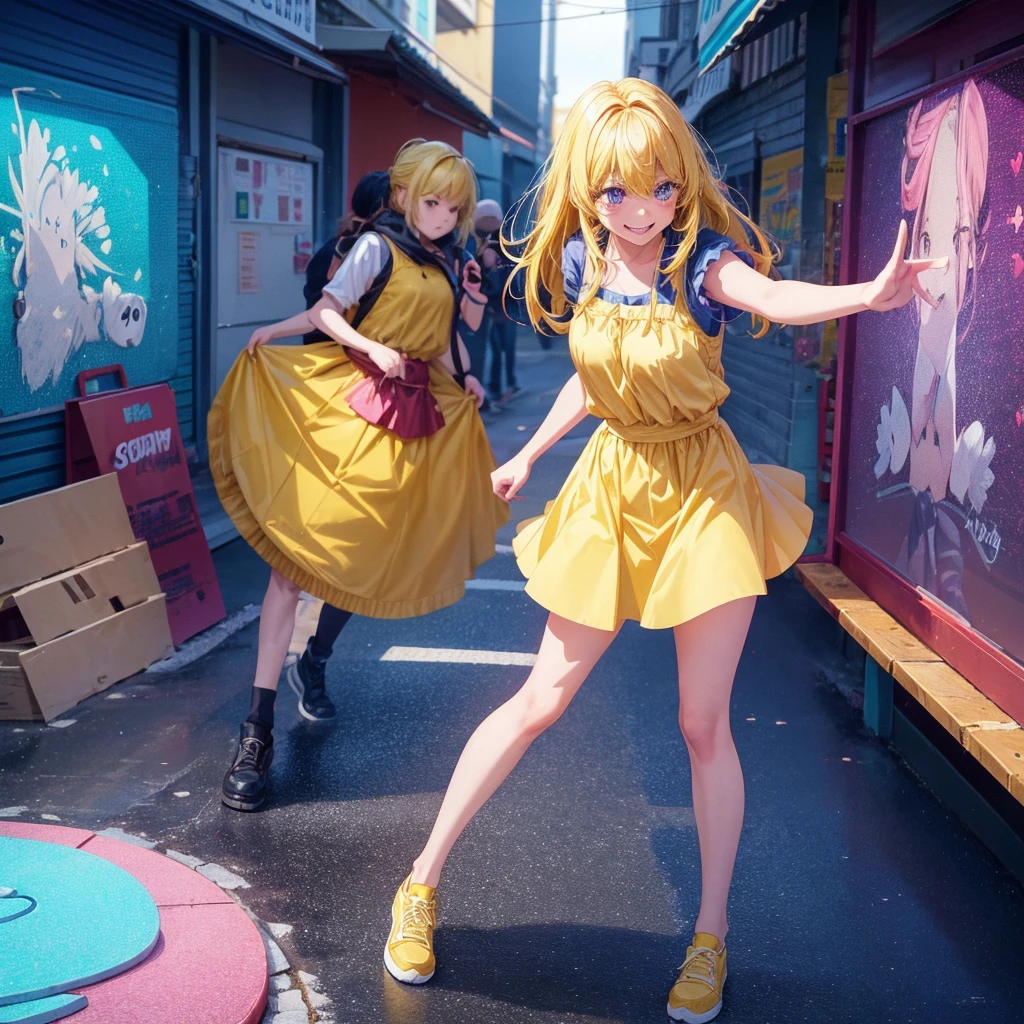 Create an anime-style image of a clumsy and naturally awkward girl with bright yellow hair. She should be wearing a cute, casual yellow outfit, such as a dress or a top with a skirt. Depict her in a moment where she is tripping or stumbling, showing a panicked and embarrassed expression, but also shyly smiling with her teeth showing in an awkward, bashful grin. Her hair is styled in a playful, slightly messy fashion. The background should be lively and fun, with bright colors and dynamic elements that emphasize her clumsiness. Add small, amusing details around her, like scattered items she has knocked over, to enhance the playful and whimsical atmosphere. Ensure that she is the only character in the image, making her the clear focus of the scene. Make sure the overall image is vibrant and engaging, suitable for use as a thumbnail.