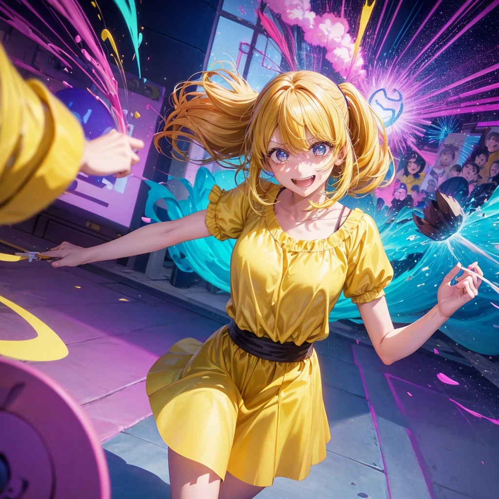 Create an anime-style image of a clumsy and naturally awkward girl with bright yellow hair. She should be wearing a cute, casual yellow outfit, such as a dress or a top with a skirt. Depict her in a moment where she is tripping or stumbling, showing a panicked and embarrassed expression, but also shyly smiling with her teeth showing in an awkward, bashful grin. Her hair is styled in a playful, slightly messy fashion. The background should be lively and fun, with bright colors and dynamic elements that emphasize her clumsiness. Add small, amusing details around her, like scattered items she has knocked over, to enhance the playful and whimsical atmosphere. Ensure that she is the only character in the image, making her the clear focus of the scene. Make sure the overall image is vibrant and engaging, suitable for use as a thumbnail.