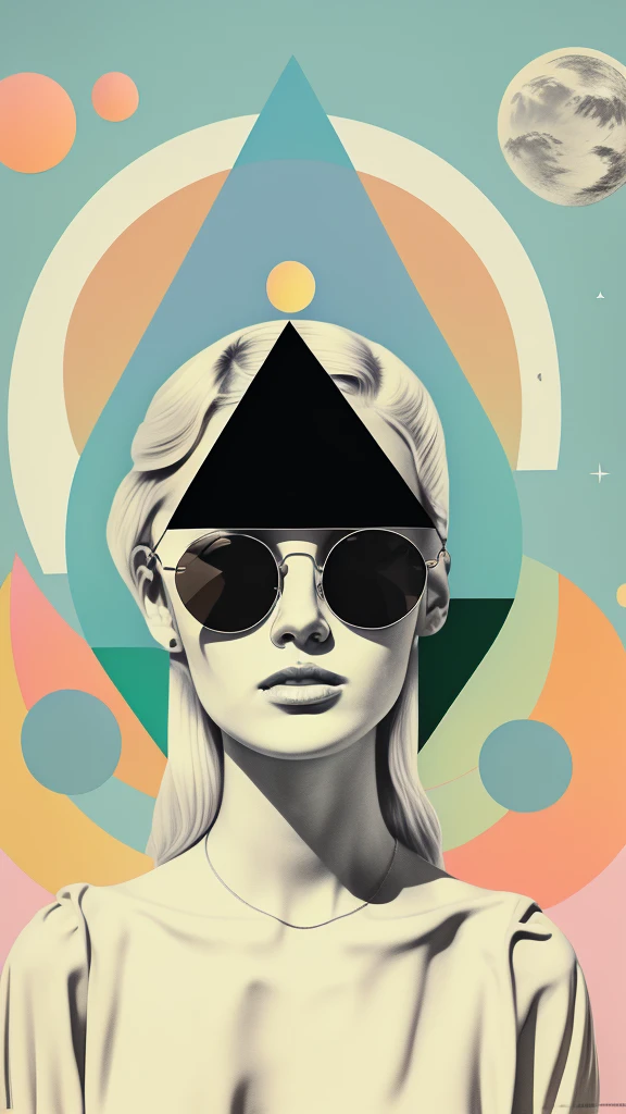 There is a triangle and a crescent moon above his head.、One blonde European woman wearing sunglasses with green circles on light blue background