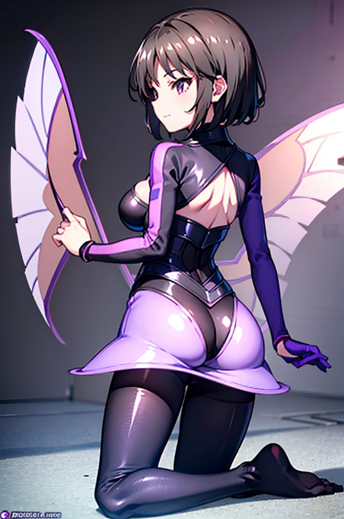 Highest quality　Highest quality　Draw a face carefully　High quality anime style faces　Super shiny skin　Black full body suit　Purple Pantyhose　barefoot　Succubus　Lure　smile　Rear View　Back view （Huge breasts：1.8) （nsfw:1.7）,