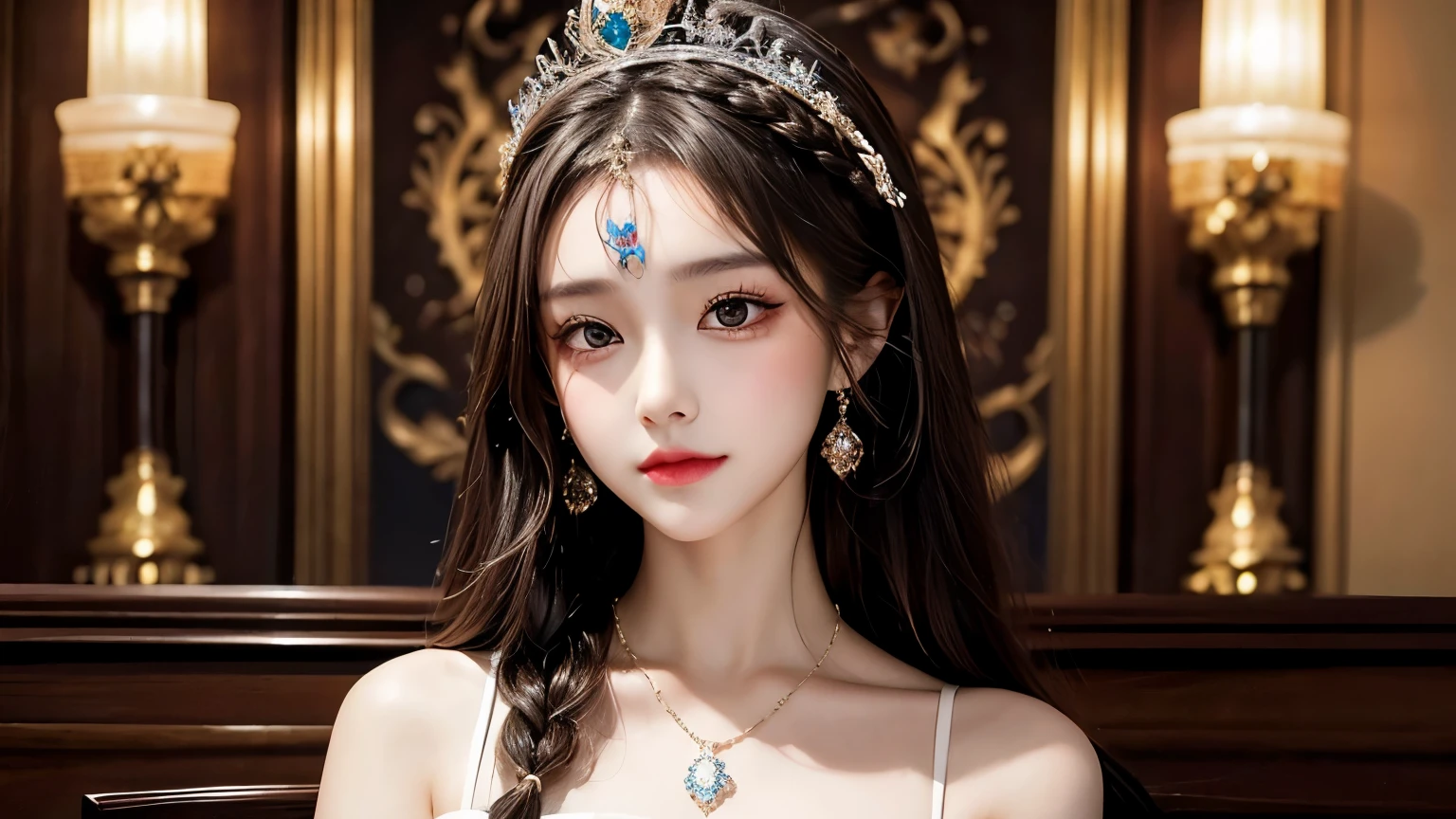 1girl,long hair,sitting,dress,solo,crown,black hair,braid,watermark,lips,blurry,indoors,realistic,bare shoulders,tiara,brown hair,breasts,makeup,curly hair,jewelry,gem,peacock style,glow,