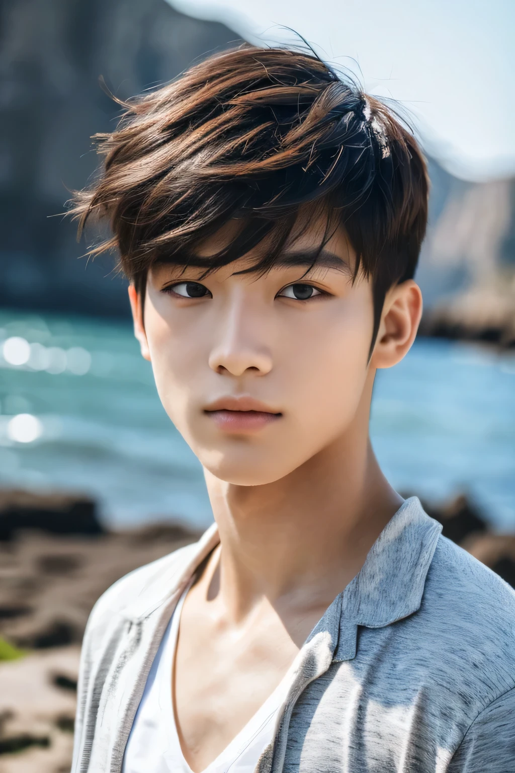 Highest quality, masterpiece, Ultra-high resolution, (Realistic: 1.4), Original photo, wallpaper, Head Photo, skin, Simple Background, Iris, detailed, Selfie, 1 boy, 18-year-old, good looking, Wind,Rocky area