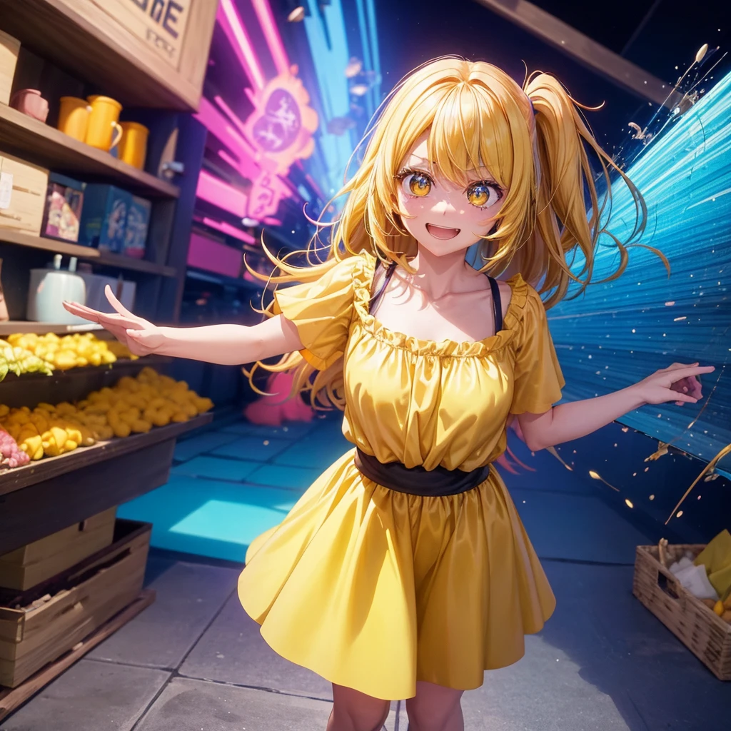 Create an anime-style image of a clumsy and naturally awkward girl with bright yellow hair. She should be wearing a cute, casual yellow outfit, such as a dress or a top with a skirt. Depict her in a moment where she is tripping or stumbling, showing a panicked and embarrassed expression, but also shyly smiling with her teeth showing in an awkward, bashful grin. Her hair is styled in a playful, slightly messy fashion. The background should be lively and fun, with bright colors and dynamic elements that emphasize her clumsiness. Add small, amusing details around her, like scattered items she has knocked over, to enhance the playful and whimsical atmosphere. Ensure that she is the only character in the image, making her the clear focus of the scene. Make sure the overall image is vibrant and engaging, suitable for use as a thumbnail.