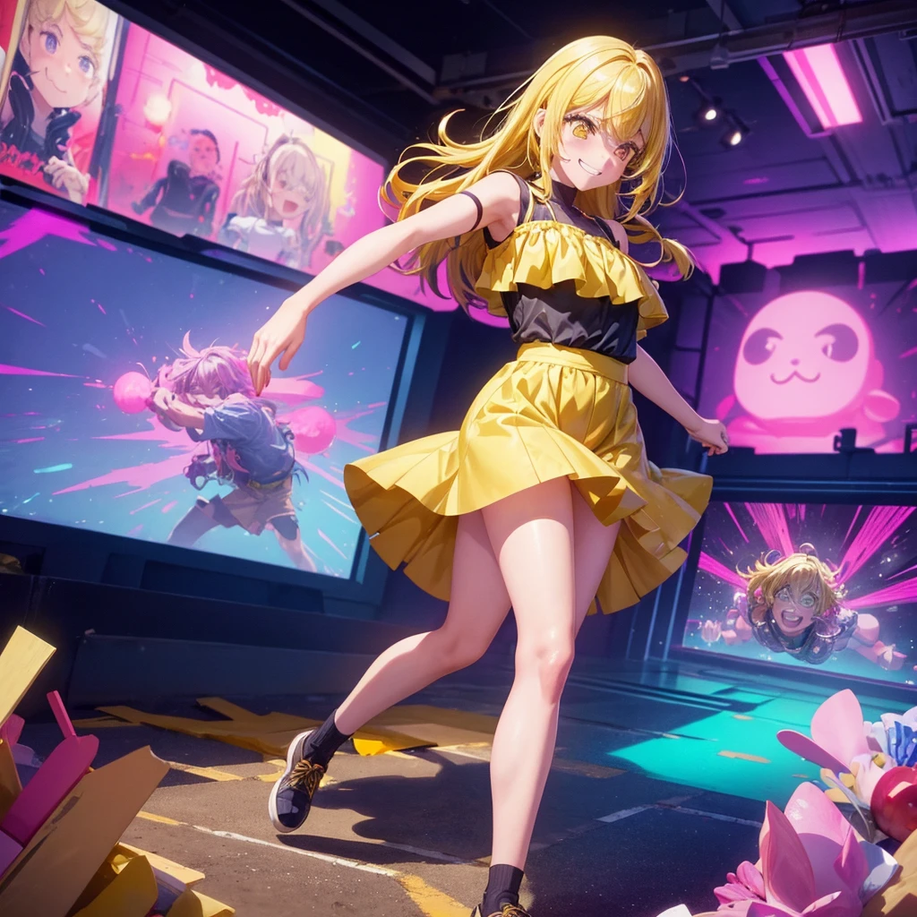 Create an anime-style image of a clumsy and naturally awkward girl with bright yellow hair. She should be wearing a cute, casual yellow outfit, such as a dress or a top with a skirt. Depict her in a moment where she is tripping or stumbling, showing a panicked and embarrassed expression, but also shyly smiling with her teeth showing in an awkward, bashful grin. Her hair is styled in a playful, slightly messy fashion. The background should be lively and fun, with bright colors and dynamic elements that emphasize her clumsiness. Add small, amusing details around her, like scattered items she has knocked over, to enhance the playful and whimsical atmosphere. Ensure that she is the only character in the image, making her the clear focus of the scene. Make sure the overall image is vibrant and engaging, suitable for use as a thumbnail.