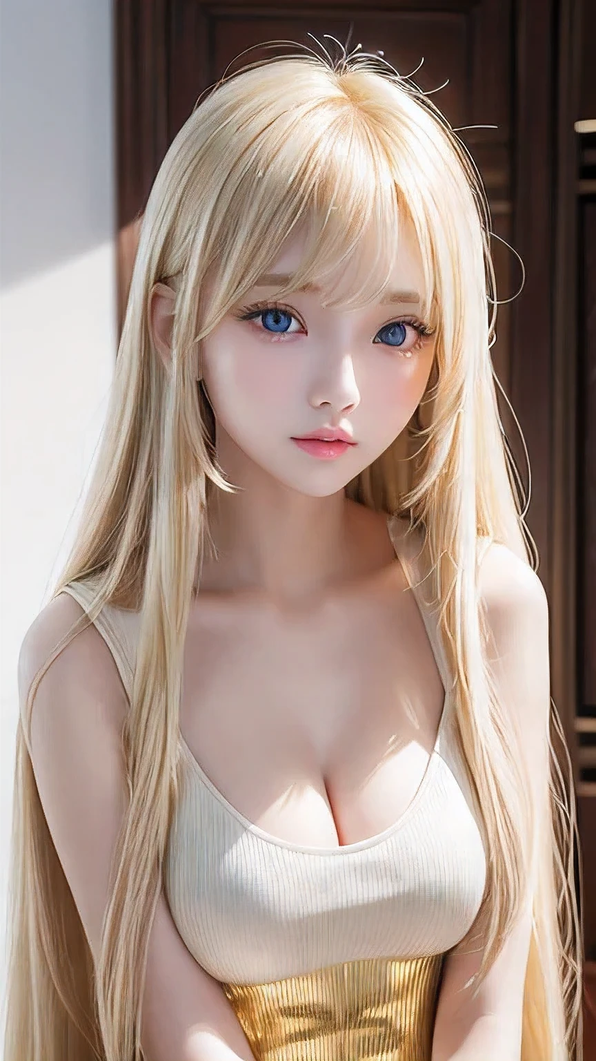 Beautiful super long, straight, silky hair that shines with a dazzling golden hue、Bright expression、Blonde girl posing in a white top、Long golden bangs between the eyes,,、Extremely white and shiny、Bright and beautiful skin、Glowing Cheeks、Reality Girls、、Beautiful girl with shining golden platinum blonde、Beautiful big bright blue eyes