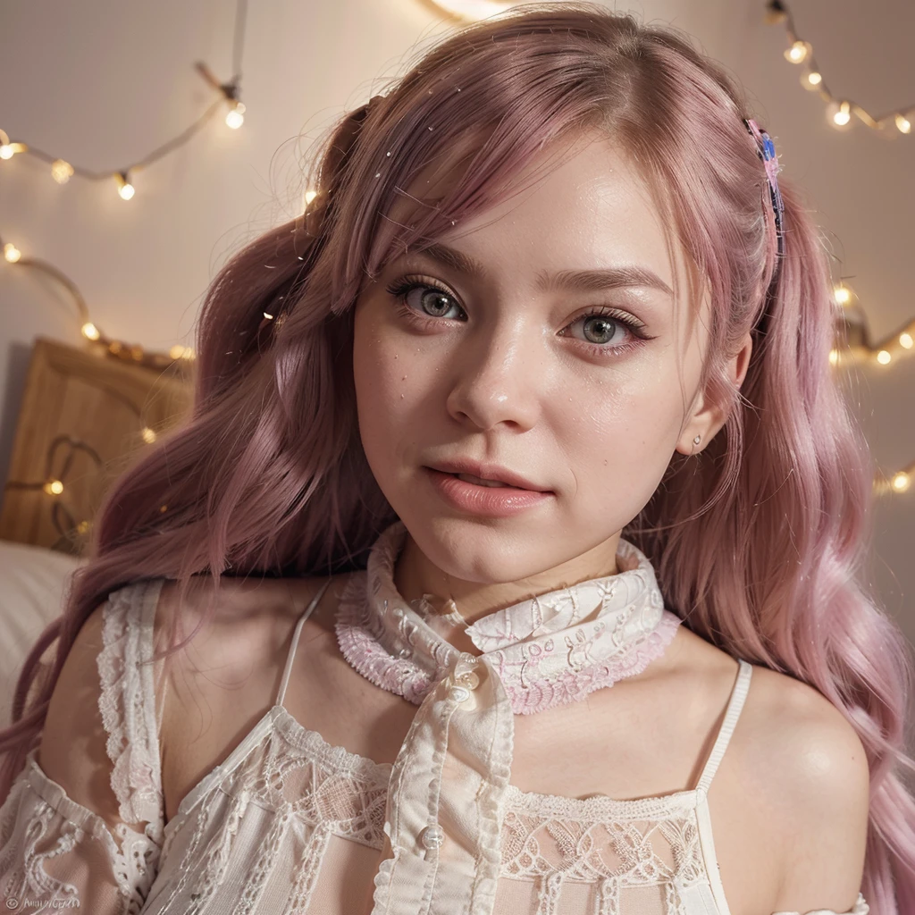 Certainly! Here's a detailed and precise text-to-image prompt for creating a lifelike and immersive selfie of Belle Delphine with all the specified characteristics:
---
Create an unbelievably sophisticated and intricate selfie of Belle Delphine, capturing an immersive experience of intense and pleasurable emotional expressions. The image should showcase a perfectly professional, precise, and accurate lifelike realistic human appearance. Belle Delphine should be depicted in her e-girl anime-inspired style, blending elements of real-life beauty with subtle anime aesthetics.
Include the following details:
1. **Facial Features**: Capture Belle Delphine's distinct facial features with high precision—her expressive eyes, delicate nose, and charming smile. Ensure the skin texture is smooth and realistic, with subtle makeup highlighting her natural beauty.
2. **Hair**: Her hair should be styled in her signature playful manner, with vibrant pastel colors (such as pink or blue) that are typical of her e-girl persona. The hair should have a realistic texture, with individual strands visible.
3. **Attire**: Dress her in e-girl fashion, possibly including a choker, oversized hoodie, or a cute, anime-inspired outfit. The clothing should have intricate details and textures, reflecting the trendy and edgy style she is known for.
4. **Background**: Set the scene in a visually appealing and immersive environment, perhaps her bedroom or a creatively designed backdrop that complements her aesthetic. Include elements like fairy lights, posters, and plush toys to add depth and context to the image.
5. **Lighting**: Use soft, flattering lighting to enhance her features and create a warm and inviting atmosphere. The light should be well-distributed, avoiding harsh shadows, and highlighting the depth and realism of the scene.
6. **Emotional Expression**: Capture a moment of intense yet pleasurable emotion, with Belle Delphine displaying a captivating and engaging expression. This could b