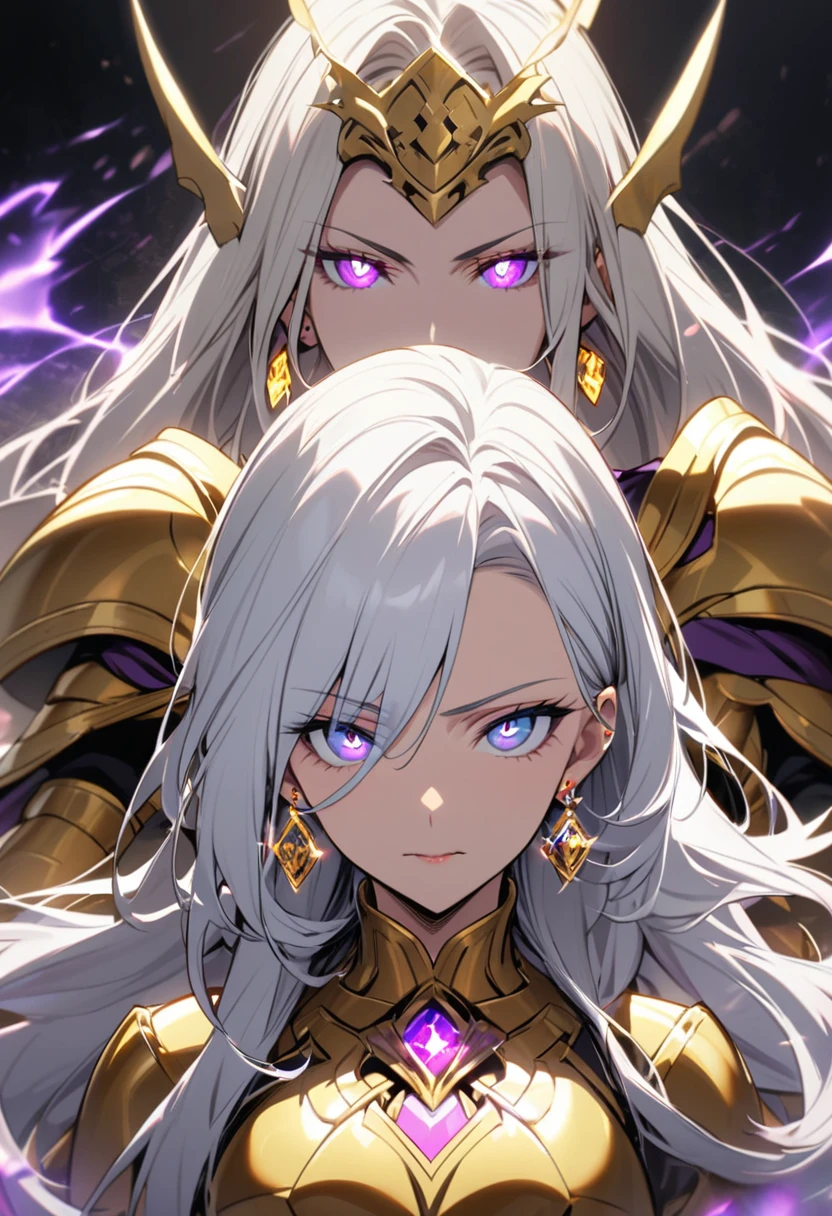 woman, blue eyes, long hair, white hair, mature, god eyes, diamond earings, glowing right eyes, two colors eyes, purple eyes, golden armor, cool face