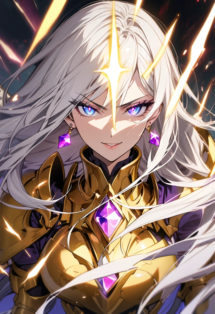 woman, blue eyes, long hair, white hair, mature, god eyes, diamond earings, glowing right eyes, two colors eyes, purple eyes, golden armor, cool face