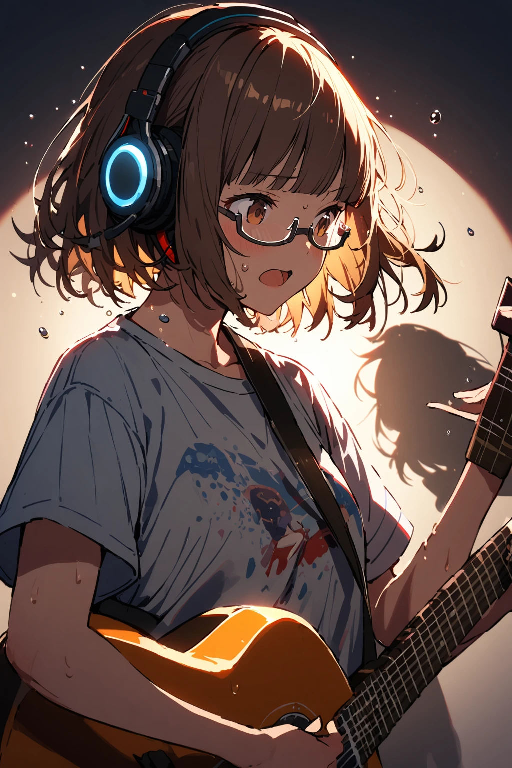 (extremely detailed fine touch:1.3), (((semi-rimless eyewear:1.3))), (headphone:1.2), short hair, blunt bangs, 1 girl, shirt, playing guitar, sing a song, fluttering hair, sweat droplets, spotlight, simple background,