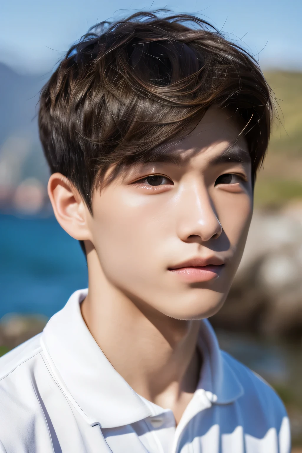 Highest quality, masterpiece, Ultra-high resolution, (Realistic: 1.4), Original photo, wallpaper, Head Photo, skin, Simple Background, Iris, detailed, Selfie, 1 boy, 18-year-old, good looking, Wind,Rocky area
