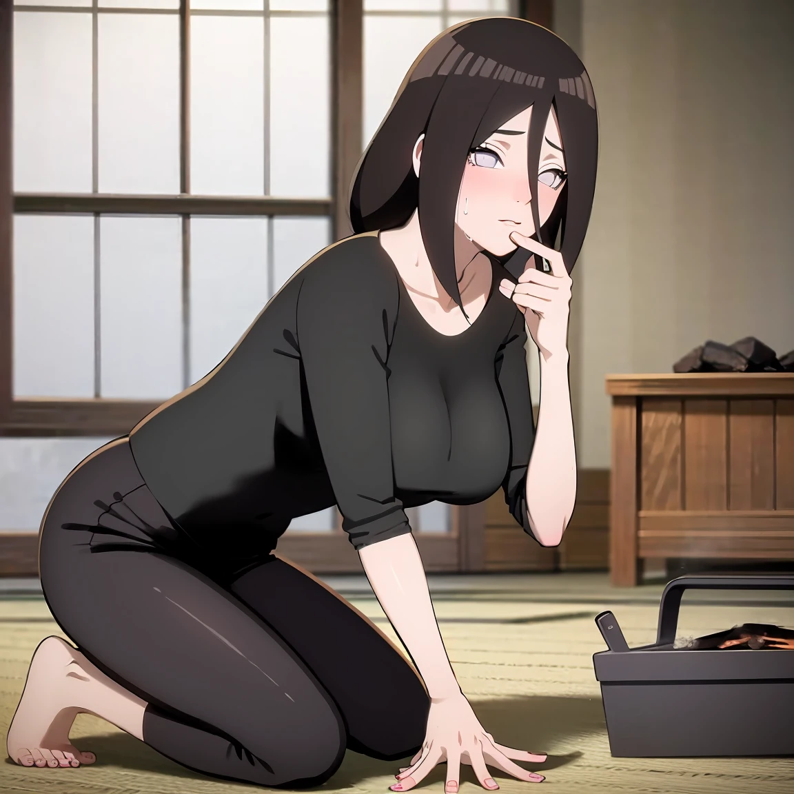 masterpiece, Very detailed, best quality, Ultra-high resolution, 1 Girl, Solitary, (Snow outside the window,exist(bamboo basket)by the fire,Sweating,blush),(中等breast), breast, (Hana and Hinata:1), (Yoga Clothes,Kneeling), cleveage, From the front,sit,exist沙发上,black eyes,White eyes