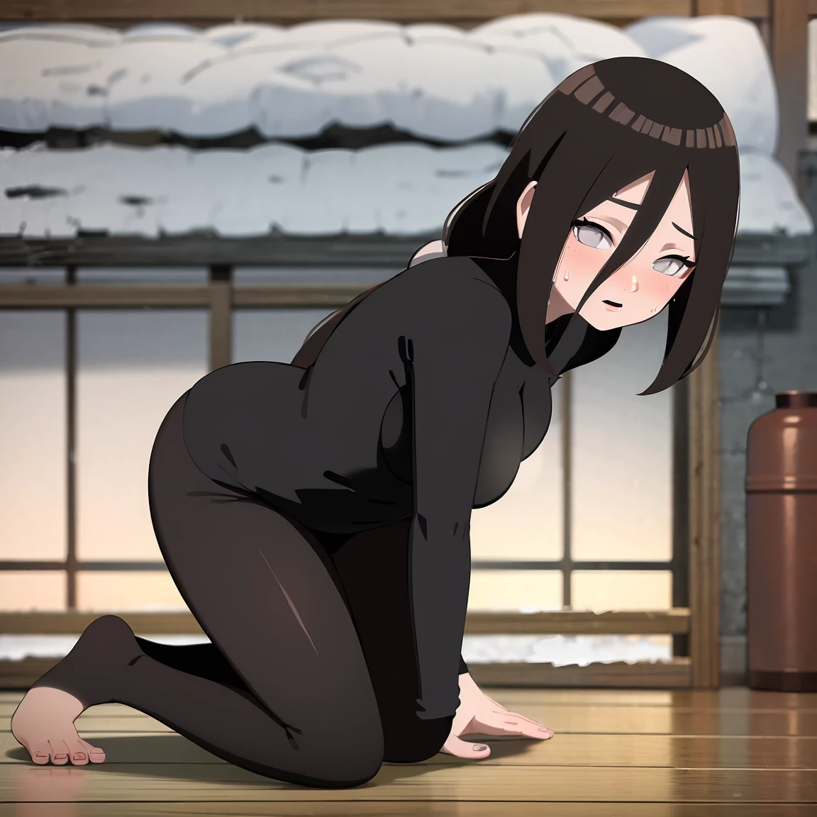 masterpiece, Very detailed, best quality, Ultra-high resolution, 1 Girl, Solitary, (Snow outside the window,exist(bamboo basket)by the fire,Sweating,blush),(中等breast), breast, (Hana and Hinata:1), (Yoga Clothes,Kneeling), cleveage, From the front,sit,exist沙发上,black eyes,White eyes