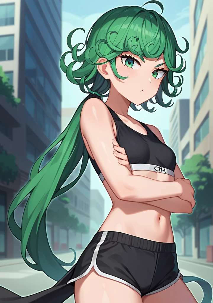score_8_up, score_7_up, score_6_up, score_5_up, score_4_up, anime screenshot, looking at viewer, upper body,
1girl, tatsumaki, green hair, green eyes,very long hair,Ponytail, thighs, looking at viewer,
Black sports bra, shorts,
BREAK
standing, looking at viewer, city,