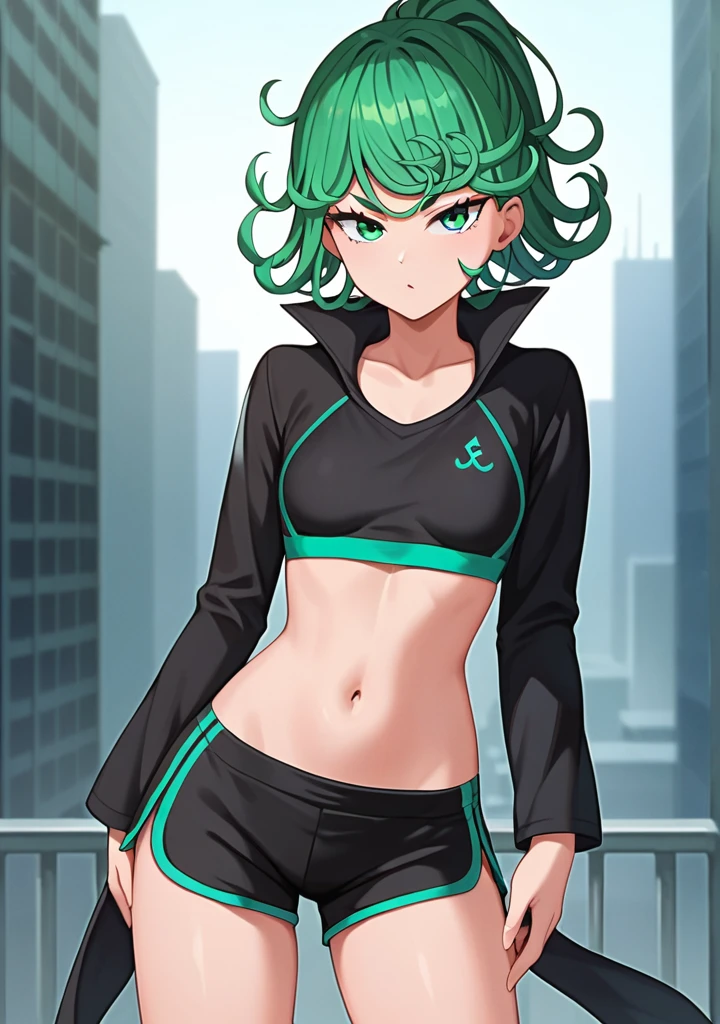 score_8_up, score_7_up, score_6_up, score_5_up, score_4_up, anime screenshot, looking at viewer, upper body,
1girl, tatsumaki, green hair, green eyes,very long hair,Ponytail, thighs, looking at viewer,
Black sports bra, shorts,
BREAK
standing, looking at viewer, city,