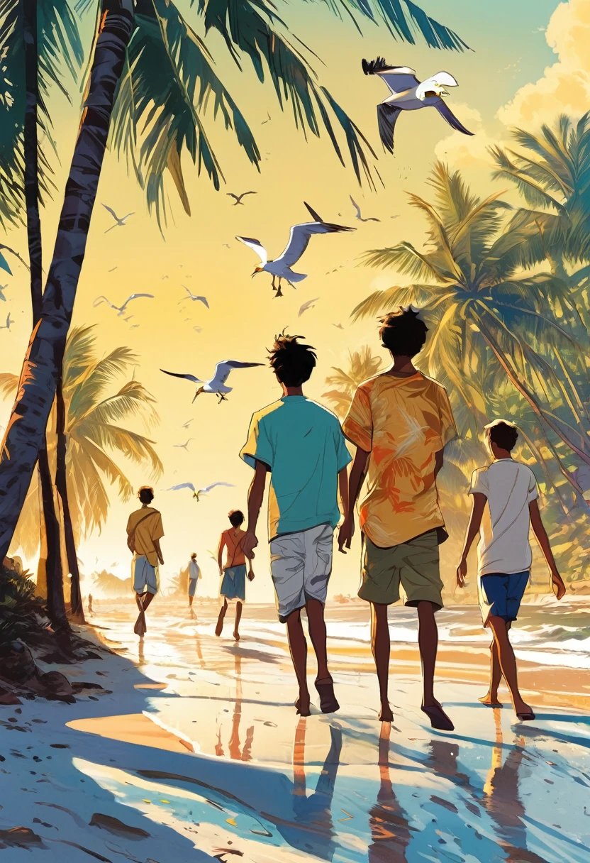 a group of teenagers were walking on the beach in the morning, with footprints scattered on the sand. and seagulls from a distance as well as coconut trees.manga style, digital art, by Marshall Arisman, cover illustration, 70mm, 7 0 mm, 70 mm, book cover illustration, by Brigette Barrager, album cover, novel cover art for a book, art concept for a book cover, cover art, 7 feet tall,