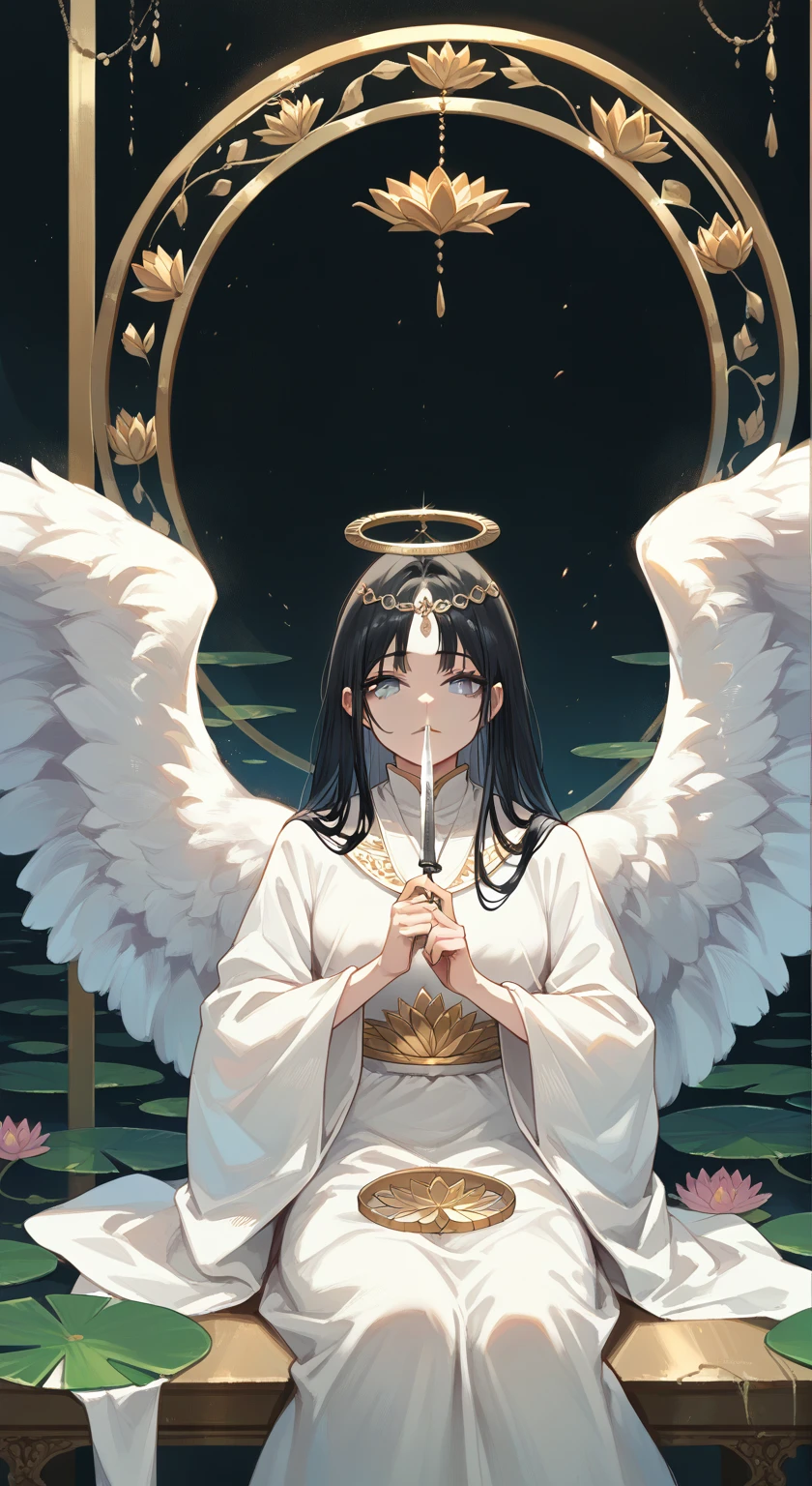 Painting of an angel sitting in a lotus position., Goddess of love and peace, bodhisattva, , queen , meditate , Gray eyes ,black hair , holding a circular knife