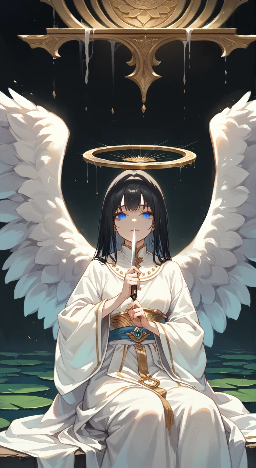 Painting of an angel sitting in a lotus position., Goddess of love and peace, bodhisattva, , queen , meditate , Gray eyes ,black hair , holding a circular knife