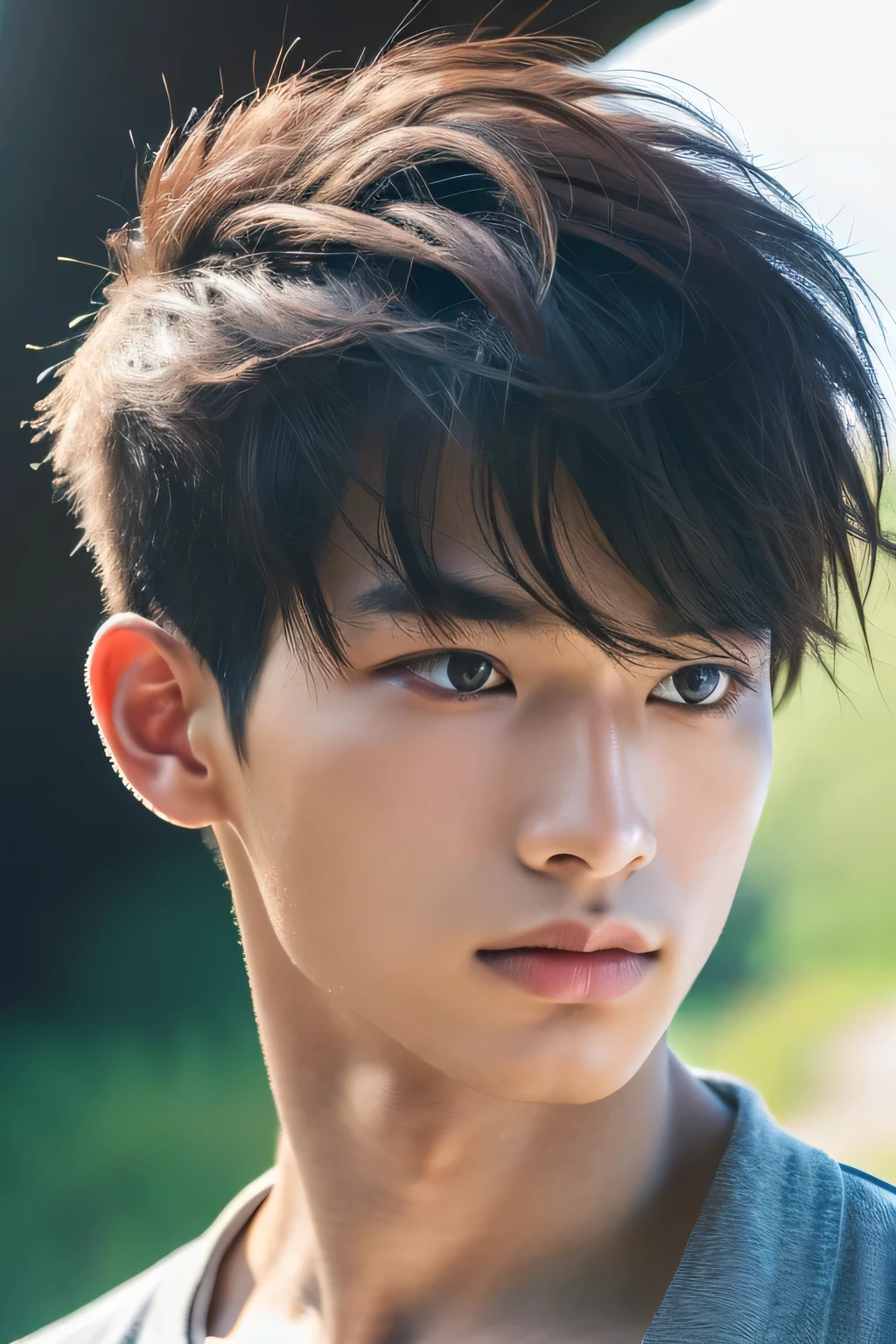 Highest quality, masterpiece, Ultra-high resolution, (Realistic: 1.4), Original photo, wallpaper, Head Photo, skin, Simple Background, Iris, detailed, Selfie, 1 boy, 18-year-old, good looking, Wind,cave