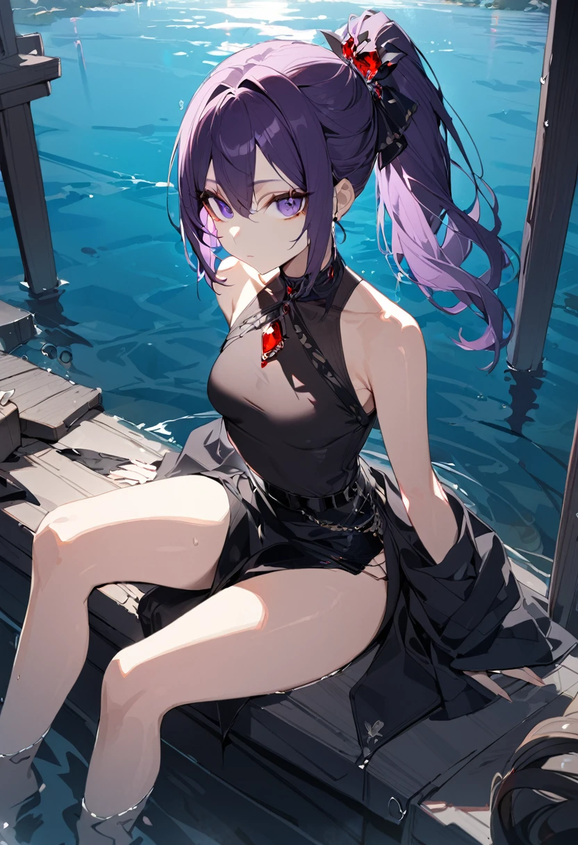 1 girl, top quality, masterpiece, expressionless, beautiful, big eyes, dark purple hair, ponytail, red jewel, black belt, sitting, water