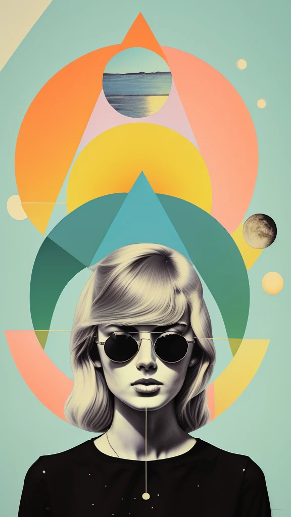 There is a triangle and a crescent moon above his head.、One blonde European woman wearing sunglasses with green circles on light blue background