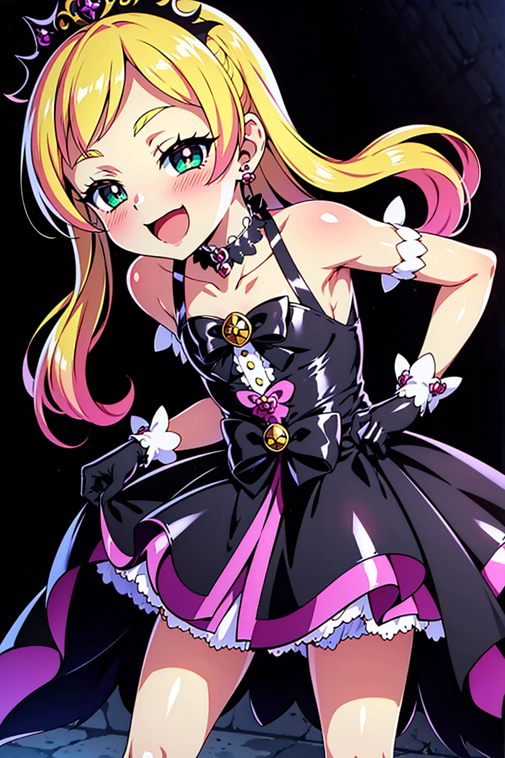 cure flora, 1girl, solo, blonde hair, black hair ornament, (gothic lolita:1.3), black long skirt, black tiara, wrist cuffs, black gloves, (black gothic dress:1.3), low bat wings, black fur, ribbon, blush cheeks, black enamel boots, corruption, half-closed eyes, Jewelry, no pupils, (evil smile), (shiny fabric:1.5), open mouth, dark magical girl