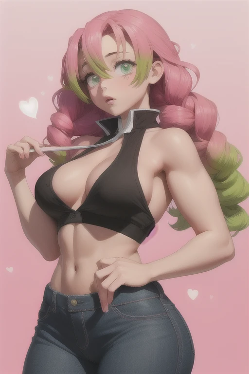Mitsuri kanroji a young woman of average height, about 1.70 meters.
Slim and athletic figure build, with well-defined muscles and great flexibility. clear and smooth skin, with a pink tone that stands out on your face. large and expressive eyes, a striking lime green color.
hair: His hair is long and abundant, pink with a slight green gradient, hairstyle in two thick pigtails with curly ends. A peculiar detail is its two long eyelashes in each eye.. busty