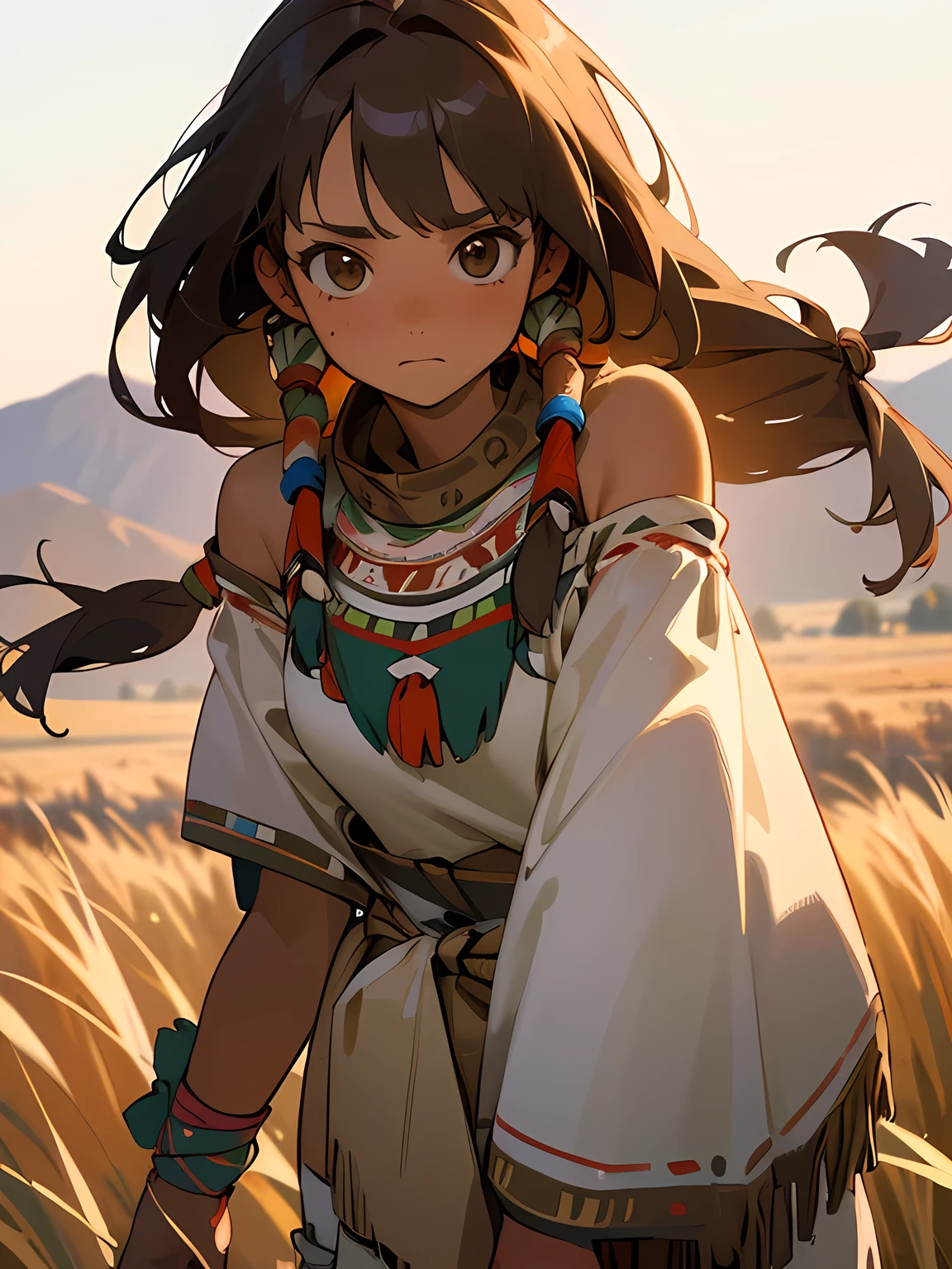(masterpiece, Highest quality, 最High resolution, clear_image, Detailed explanation, photograph, 8k, High resolution): (alone, lone girl, ((Native American)), girl, 20-year-old, grassland, Golden Hour, 10 seconds, beautiful girl, Burlap sack clothes, No sleeve, Long Hair, Straight hair, Olive skin, Medium Close-up, looking at the camera, View your viewers, Tribal women)