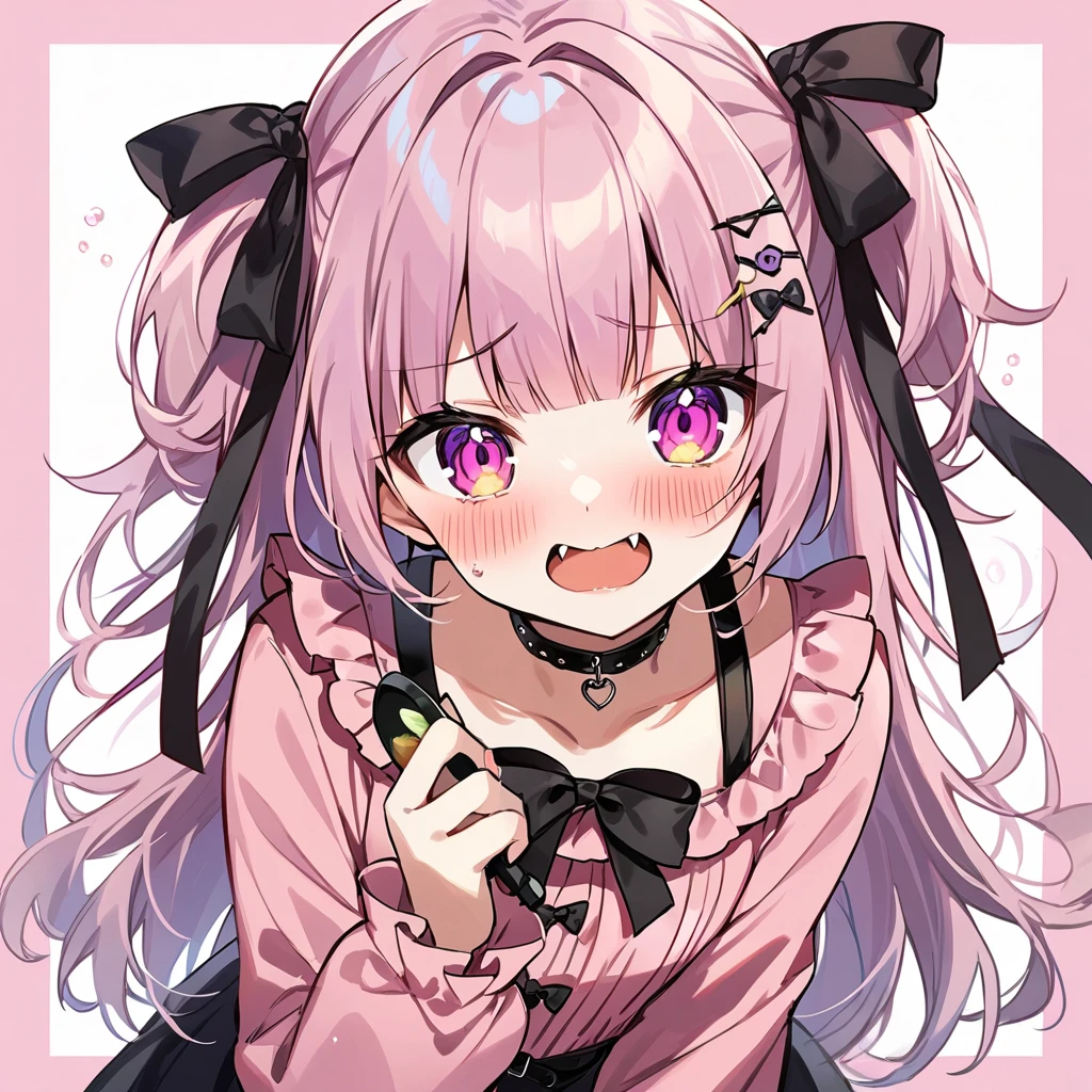 Top quality, masterpiece,a girl and a female,
, peal purple and blunt bangs hair, twin braids, eyes closed, mouth wide open and screaming, blushing, smilng,fangs,(a girl with closs hair pin,
pink shirt,cosplay, jirai kei, bangs, black skirt, black bow, looking at viewer, bow, long sleeves, choker, ribbon,:1.4),A girl stir-frying food in the kitchen with a frying pan in hand,